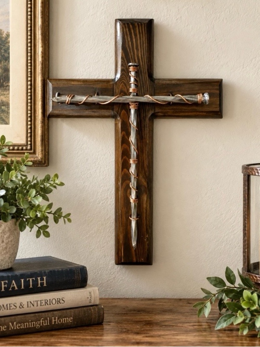 Rustic Wood Cross Nails Copper Wire Handmade Christian Wall Decor 14" x 10"